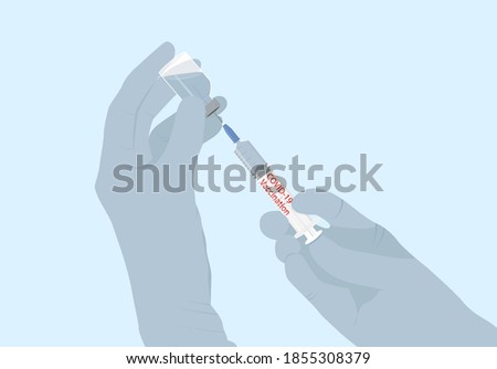 Hands in protective blue gloves holding syringe and vaccine from covid-2019. Concept of vaccination. Medical and science