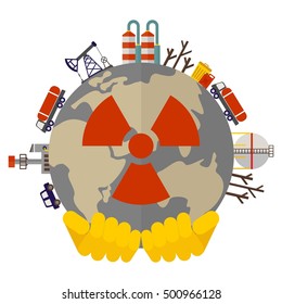 Hands in protective gloves hold contaminated planet earth. Poisoned water, air, trees. Polluting factories, oil rigs. Ecology concept. Flat cartoon eco illustration. Objects isolated on background.