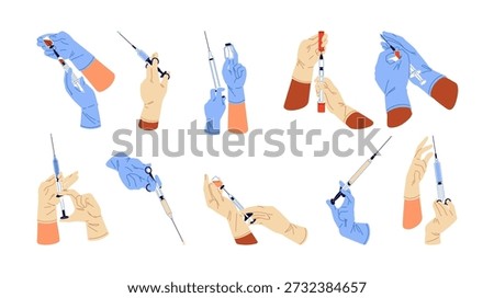 Hands in protective gloves with syringe set. Doctor holds needle for injections. Blood test, IV infusion of vaccine, remedy. Medicine tool. Fla isolated vector illustrations on white background