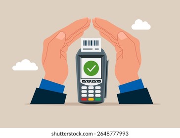 Hands protects Dataphone electronic payment against risk. Protection, safety, protection Idea. Vector illustration.