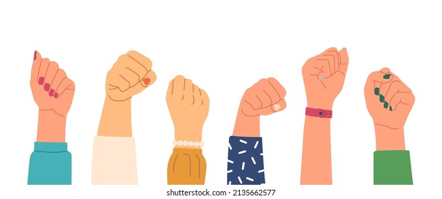 Hands Protest, Human or Women Rights Activist, Feminist Fight with Discrimination, Characters Against War, Revolution, Strike, Lgbt Equality Demonstration, Freedom. Cartoon People Vector Illustration