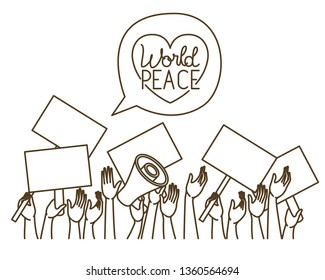 hands with protest sign and world peace isolated icon