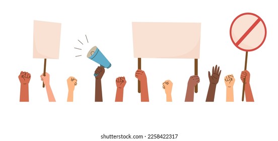 Hands of protesting people with posters and a loudspeaker. Flat vector illustration