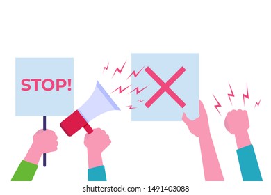 Hands with protests placard. Blank vote placards. Vector illustration.