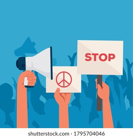 hands with protests placards and megaphone, activist with strike manifestation sign vector illustration design