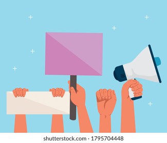 hands with protests placards and megaphone, activist with strike manifestation sign, human right concept vector illustration design