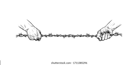 Hands pull metal barbed wire wall spikes in different directions. Confrontation of two people, a long barbed wire border. Symbol of the struggle for rights, with slavery, discrimination. Vector sketch