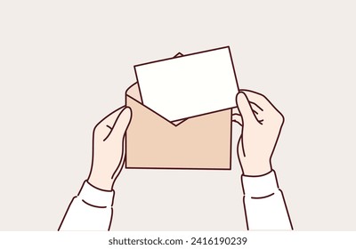 Hands pulling a blank sheet of paper (letter, ticket, flyer, invitation, coupon, banknote, etc.) out a brown envelope. Hand drawn style vector design illustrations.