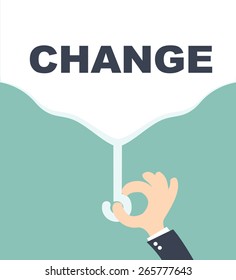 Hands pulling down curtain for word CHANGE
