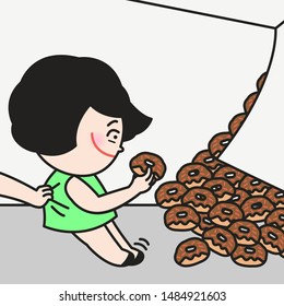 Hands Pulling Up Happy Girl Who Discovered A Big Piles Of Donuts  Character illustration