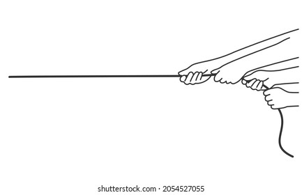 Hands pulling rope. Hand drawn vector illustration. Black and white.