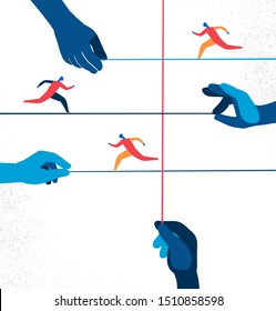 Hands pulling ropes with running men on them. Vector illustration