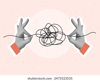 Hands pulls a thread from a tangled ball. Concept of problem solving and eliminating uncertainty. Vector illustration in a modern collage style