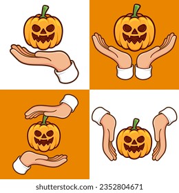 hands with pumpkin vegetables halloween element set