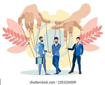 The hands of the puppeteer manage businessmen. In minimalist style. Flat isometric vector illustration