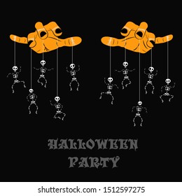 Hands with puppets, dancing skeletons on a black background with the presence of the text, happy halloween, managing the puppet. Background. Wallpaper. Print