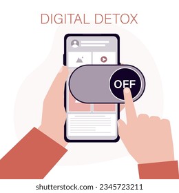 Hands push big off button on screen of mobile phone. Digital detox, user turned off smartphone. Freedom from digital addiction. tech free. Problems of social media and cyber dependence. flat vector