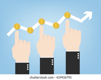 Hands pushing the business graph up. Flat style