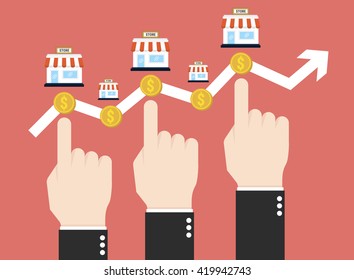 Hands pushing the business graph up.