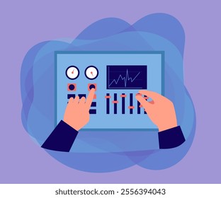 Hands pushing buttons and moving sliders on control panel. Dashboard with gauges and screen flat vector illustration. Equipment, management concept for banner, website design or landing web page