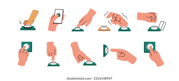 Hands pushing, pressing button set. Fingers, fist touching, hitting, activating, turning on, switching off. Launch, start, control concept. Flat vector illustrations isolated on white background