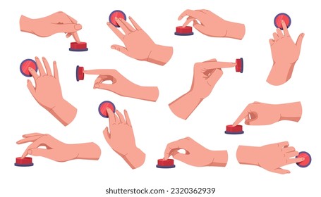 Hands pushing and pressing button set. Fingers pressing button. Turn on and off. Launch, start, control concept. Vector illustration EPS10
