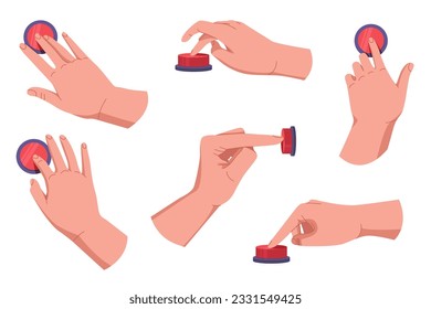 Hands pushing and pressing button set. Fingers pressing button. Turn on and off. Launch, start, control concept. Vector illustration EPS10