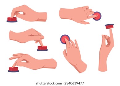 Hands pushing and pressing button set. Fingers pressing button. Turn on and off. Launch, start, control concept. Vector illustration EPS10
