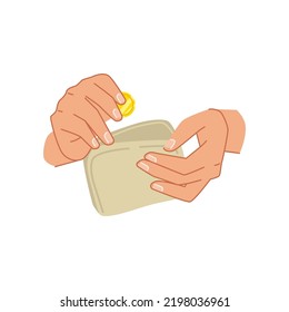 Hands put coin in wallet, savings and income concept. Vector money for paying, giving loan, saving financial assets or exchanging, wealthy person or poor person, investment