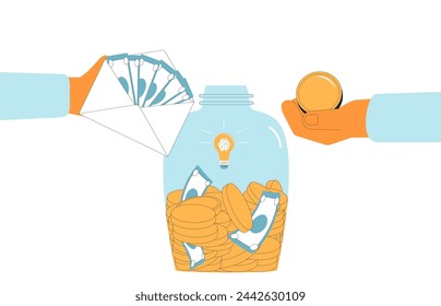 Hands put coins and banknote in moneybox. Savings. Donation event. Fundraising concept. Collaboration. Startup goal. Venture capital investments round. Crowdfunding metaphor. Vector flat illustration.