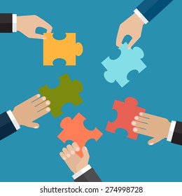 Hands put five jigsaw puzzle pieces together. The problem solution or business organisation concept. Vector illustration