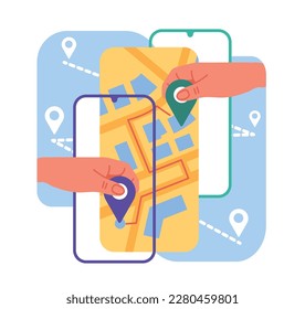Hands put geometric on route of city map. Online navigation. Smartphone screens. GPS pins in arms. Navigator technology. Mobile cartography application. Location tags