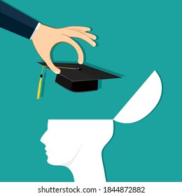 Las manos ponen un sombrero de graduación en la cabeza humana. Asesoramiento educativo hasta su finalización satisfactoria