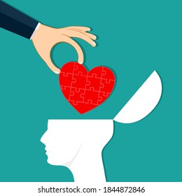 Hands put the heart into the human head. Give love advice. Vector illustration