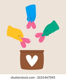 Hands put hearts into a box for donations. Concept of heart donation. Colorful vector illustration 
