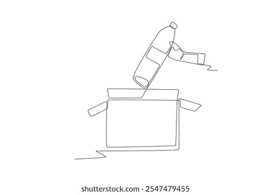 Mãos colocam lixo plástico em papelão. Desenho de uma linha do conceito de poluição por plástico