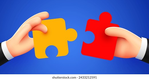 Hands put the puzzle together. The concept of cooperation. Modern 3d style. Vector illustration