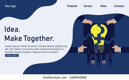 Hands put puzzles pieces to be one while team see idea. Business Landing Page Template.