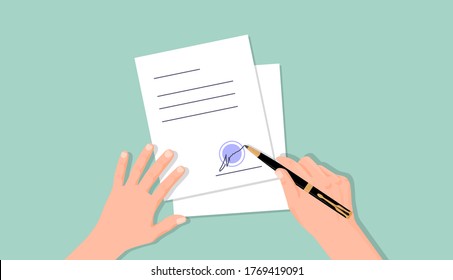 Hands put signature on document. Document work agreement officially certified signature and blue seal,symbol contract employment and financial partnership corporate loan vector offer.