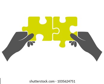 Hands put together two puzzle isolated on white background creative solutions