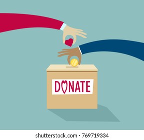 Hands puting coin and hearth into donation box