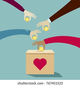 Hands puting coins into donation box: Donate money charity concept