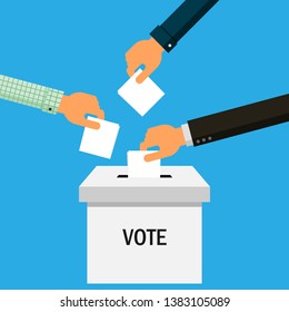 hands puts vote ballot in box Isolated on blue background. Vector Illustration.