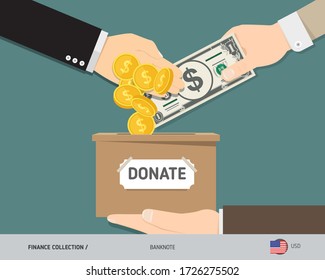 Hands putting 1 US Dollar banknote and gold coins in donation box. Donate money and charity concept. Flat style vector illustration.