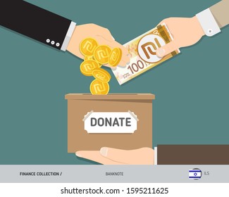 Hands putting 100 Israeli New Shekel banknote and gold coins in donation box. Donate money and charity concept. Flat style vector illustration.