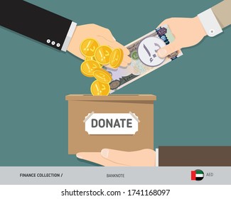 Hands putting 1000 United Arab Emirates Dirham banknote and gold coins in donation box. Donate money and charity concept. Flat style vector illustration.