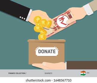 Hands putting 20 Indian Rupee banknote and gold coins in donation box. Donate money and charity concept. Flat style vector illustration.
