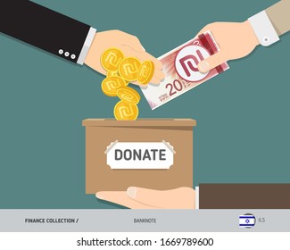 Hands putting 20 Israeli New Shekel banknote and gold coins in donation box. Donate money and charity concept. Flat style vector illustration.