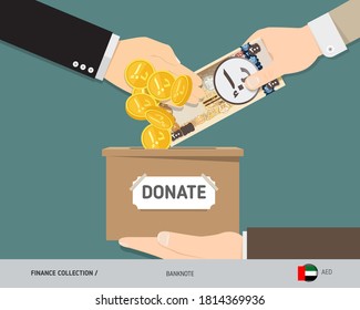Hands putting 200 United Arab Emirates Dirham banknote and gold coins in donation box. Donate money and charity concept. Flat style vector illustration.