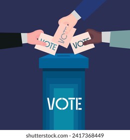 Hands putting ballot papers in voting box on blue background